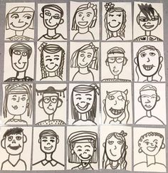 a group of people drawn on paper with different faces and hair styles, all in black and white