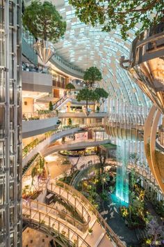 the inside of a shopping mall with lots of trees and plants on it's ceiling