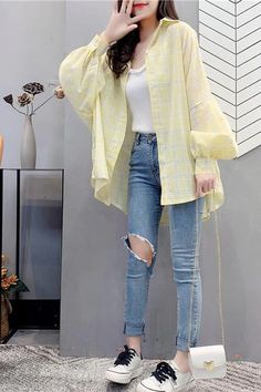 Loose Light Plaid Colors Casual Blouse Shirt – Nada Outfit Land Casual Long Sleeve Yellow Blouse, Casual Yellow Long Sleeve Blouse, Trendy Long Sleeve Yellow Shirt, Trendy Yellow Long Sleeve Shirt, Yellow Oversized Long Sleeve Blouse, Yellow Long Sleeve Shirt For Day Out, Oversized Yellow Casual Blouse, Dream Daughter, Smart Casual Women Outfits