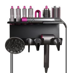 a hair dryer and other items are arranged on a shelf next to each other