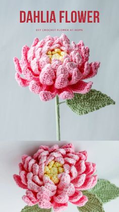 two crocheted flowers with green leaves on the stems and one pink flower in the middle