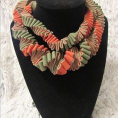 Green And Orange Fabric Handmade Necklace Perfect For Anytime Of The Day And Every Season It Can Be Use In Different Ways Fast Shipping Bundle Discount I Love Offers Fabric Necklace Diy, Celebrity Necklace, Unique Statement Necklace, Textile Necklace, Black Velvet Choker, Black Choker Necklace, Fiber Jewelry, Boho Style Jewelry, Velvet Choker