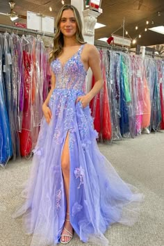 Indulge in the ethereal beauty of our Lavender Tulle Appliques V-Neck A-Line Long Prom Dress with Slit. This dreamy dress features delicate appliques, 3D floral lace, and a lace-up back for a perfect fit. The a-line skirt with a side slit adds a touch of sophistication, making it the perfect choice for any prom or formal event. Feel like a goddess in this breathtaking dress.#prom#promdresses#promgown#formaldress#formaloutfit#seniorpromdress#promgown#blacktieeventdresses Formal Party Dress, Dreamy Dress, Dress Silhouette, Floor Length Dresses, Formal Party, Long Prom Dress, Quinceanera Dresses, Custom Dresses