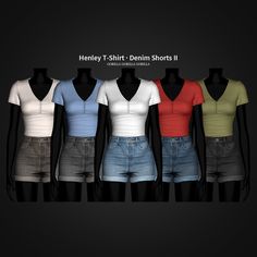 four different colored shirts on mannequins with text below them that reads, henry t - shirt denim shorts ii