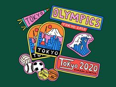 the tokyo olympics sticker pack is shown in this graphic design, with various symbols and colors