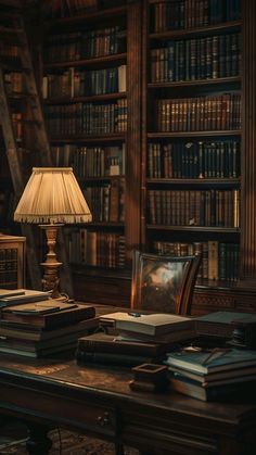 a lamp is sitting on a table in front of a bookcase full of books