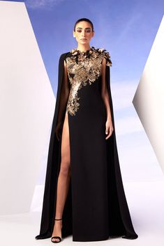 High slit embroidered dress with cape Edward Arsouni, Dress With Cape, Cape Gown, Sleeveless Gown, Zuhair Murad, Cape Dress, Gold Lace, One Piece Swimwear, Embroidered Lace