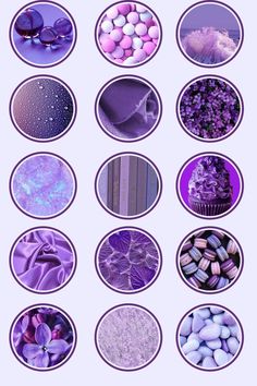 an assortment of different types of candies in purple and white circles on a light blue background