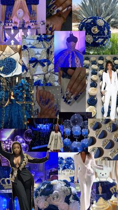 a collage of blue and white images with different designs on them, including an image of a woman's hand