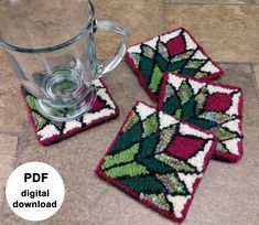 the coasters are made from crochet and have been placed on the floor