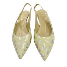 Subtle Yellow With Silver Animal Print Make These Comfortable Shoes Stunning. Leather And Handmade. These Shoes Are New Without Tags But Have Been Tried On In The Store. Small Scuffs Are On The Bottom But The Shoes Are In Great Shape. Yellow Pointed Toe Slingback Pumps For Spring, Yellow Pointed Toe Slingback Pumps For Evening, Elegant Yellow Slingback Pumps With Pointed Toe, Yellow Almond Toe Heels With Leather Sole, Elegant Yellow Slip-on Heels, Yellow Slingback Heels With Heel Strap, Yellow Slingback Pumps For Evening, Yellow Slingback Pumps For Summer Formal, Yellow Slingback Pumps For Summer Formal Events