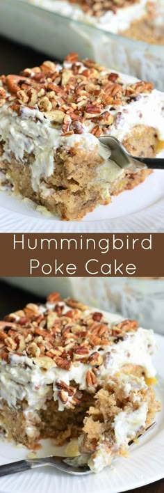 hummingbird poke cake on a white plate with a fork in it and another piece missing