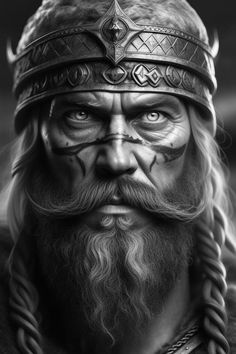 a drawing of a man with long hair and beard wearing a viking helmet, braids and