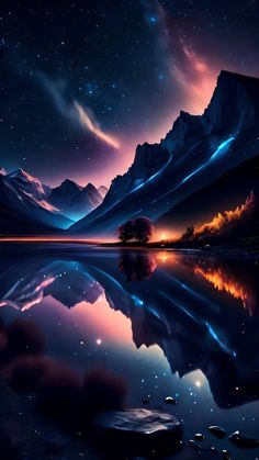 the night sky with stars and mountains reflected in water