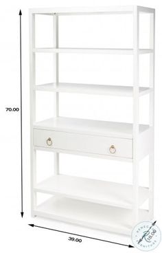 the white shelf has two drawers and one drawer on it's side, with measurements for