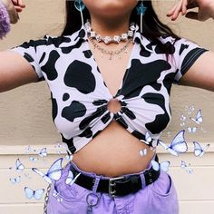 Shipping from the US. Easy 30 day return policy, 100% cotton, Double-needle neck, sleeves and hem; Roomy Unisex Fit. Cow Print Crop Top, Cow Aesthetic, Summer Tshirts Women, Trendy Crop Tops, A Cow, Top Outfit, Cute Crop Tops, Womens Tops Summer, 90s Grunge