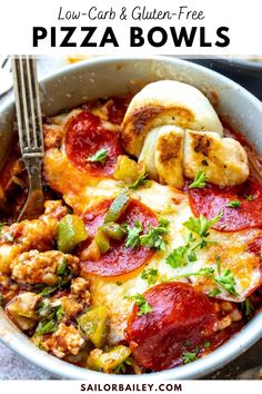 low carb and gluen - free pizza bowls are the perfect way to use up leftovers