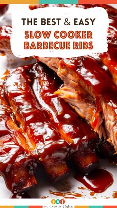 the best and easy slow cooker barbecue ribs on a plate with bbq sauce