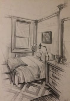 a drawing of a bedroom with a bed, dresser and window in the corner is shown