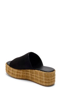 A woven raffia platform enhances the earthy vibes of this breezy and versatile sandal. 1 1/2" heel; 1" platform Synthetic upper/leather lining/synthetic sole Imported Comfortable Straw Platform Wedge Sandals, Leather Espadrilles With Woven Sole For Beach, Leather Platform Slippers For Vacation, Straw Sandals With Textured Sole And Round Toe, Beach Platform Slippers With Textured Sole And Wedge Heel, Leather Wedge Sandals With Woven Sole For Vacation, Leather Platform Espadrilles For Vacation, Synthetic Round Toe Platform Slippers With Woven Sole, Synthetic Platform Slippers With Woven Sole For Vacation