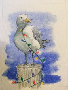 a watercolor painting of a seagull sitting on a post with christmas lights