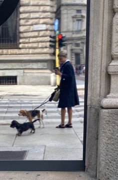 a woman walking two dogs on a leash