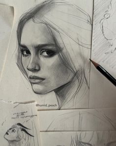 several drawings of women's faces on paper