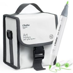 an art marker and case with two markers on the side, one green in color