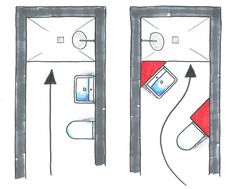 two drawings of the same room in different rooms, one with a toilet and another with a sink