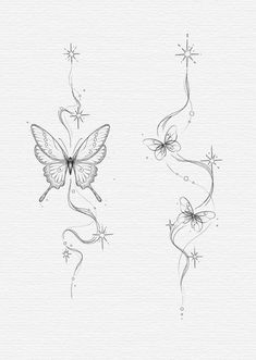 two butterflies with stars and swirls on their wings, one is drawn in black ink