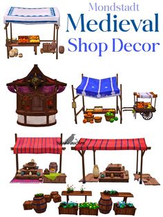 the medieval shop decor is made up of different types of furniture and decorations, including an awning