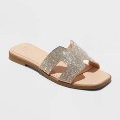 Women's Nina Rhinestone Flat Sandals - A New Day™ Silver 9.5 Sparkle Chanclas, Dress To Jumpsuit, Beach Socks, Sparkle Sandals, Chelsea Rain Boots, Comfy Flats, Shiny Shoes, Rhinestone Flats, Simple Shoes