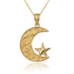 Gold Crescent Moon and Star Islamic Ornament Pendant Necklace Metal Purity: 10k and 14k Metal Color: Yellow Gold, White Gold and Rose Gold Available as pendant or necklace. Available in 16", 18", 20", 22" chain length Pendant weight: 1.8 grams (10k) | 2.1 grams (14k). Pendant height (w/ bail): 1.10 inches Pendant width: 0.70 inches. Back: hollow. Bail opening: 3.00 mm. Finish: polished. Gold Cat Earrings, Custom Jewelry Necklaces, Islamic Ornament, Diamond Cross Necklace Gold, Crescent Moon And Star, Gold Crescent Moon, Dainty Diamond Necklace, Crescent Moon Pendant, Moon Pendant Necklace