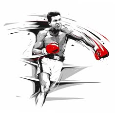 a drawing of a man wearing boxing gloves and holding a red glove in his right hand