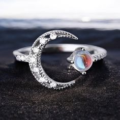 Embrace Celestial Vibes With This Stunning Adjustable S925 Sterling Silver Ring Featuring A Sparkling Crescent Moon , Adorned With Dazzling Rhinestones . The Simulated Moonstone Centerpiece Captures Light Beautifully, Creating An Enchanting Look That's Perfect For Any Occasion. Whether You're Dressing Up For A Night Out Or Adding A Touch Of Magic To Your Everyday Style, This Ring Is A Must-Have! Adjustable For A Comfortable Fit, This Unique Piece Of Jewelry Is A Shining Addition To Any Collectio Unique Ring Designs, Fashion Rings Silver, Mystical Jewelry, Chic Rings, Vintage Inspired Jewelry, Boho Chic Jewelry, Stylish Rings, Moon Lovers, Festival Jewelry