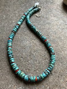 Sterling Silver Turquoise Coral Heishi Bead Necklace. 18 inch Bohemian Turquoise Necklace With Round Spacer Beads, Bohemian Turquoise Necklace With Spacer Beads, Artisan Turquoise Gemstone Beaded Necklaces, Artisan Turquoise Necklace With Spacer Beads, Southwestern Single Strand Beaded Necklace With Round Beads, Spiritual Round Turquoise Necklace With Polished Beads, Artisan Turquoise Beaded Necklaces With Oval Beads, Artisan Turquoise Round Bead Necklaces, Southwestern Turquoise Beaded Necklaces With Round Beads