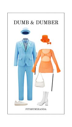 an image of a man and woman's clothing in blue, orange and white