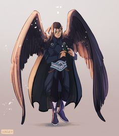 an anime character with large wings holding a cell phone in his hand and looking at the camera