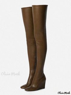 Olivia Mark - Women's Thigh-High Boots with a Classic Round Toe and Elevating Heel Fitted Brown Platform Boots, Knee-high Brown Platform Boots, Fitted Full Length Platform Boots For Fall, Brown Over-the-knee Tall Boots, Tall Brown Over-the-knee Boots, Brown Leather Thigh-high Boots, Brown Leather Thigh High Heeled Boots, Fitted Thigh-high Leather Heeled Boots, Brown Fitted Over-the-knee Boots