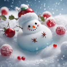 a snowman is sitting in the snow surrounded by berries