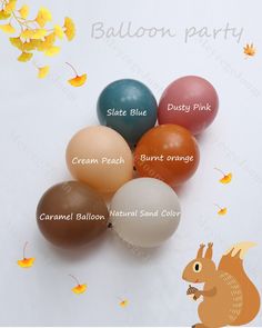 four different colored eggs on a white surface with autumn leaves around them and the words balloon party