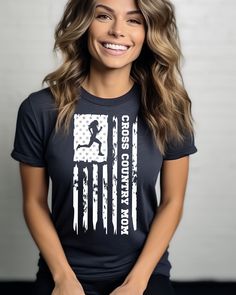 a woman wearing a t - shirt with an american flag on it