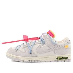 The OFF-WHITE x Nike Dunk Low The 50 NO.38 is a limited edition sneaker collaboration between Virgil Abloh's OFF-WHITE label and Nike. It features a white leather upper with soft grey suede overlays, as well as Virgil's signature touches like the plastic zip tie and printed Helvetica text. Contrasting pops of color arrive via the sneaker's secondary lacing system, zip-tie, exposed-foam tongue and rectangular tab affixed to the Swoosh. (SNKR/Skate/Low Top/Crossover) Sneaker Wallpaper, Sneaker Collaboration, Off White Dunks, Off White Dunk, Sneakers Wallpaper, Off White X Nike, Nike Off White, Dunk Low Nike, Performance Outfits