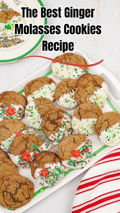 the best ginger molasses cookies recipe on a platter with christmas sprinkles