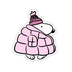 a sticker with a cartoon dog wearing a pink coat and hat on it's head