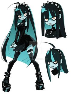 an anime character with long black hair and blue eyes, wearing goth clothes while holding her hands