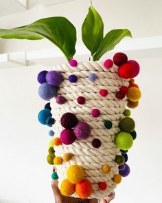 a hand holding up a rope vase with pom poms on the top and bottom