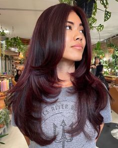 Long Dark Burgundy Butterfly Cut Dimensional Cherry Red Hair, Cool Toned Red Brown Hair, Red Wine Balayage Hair, Dark Red Hair Inspo Color, Dark Red Layered Hair, Dark Red Hair With Layers, Red To Brown Hair, Dark Wine Hair, Cherry Red Balayage