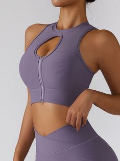 78% Nylon . 22% Spandex Built-in Bra with Removable Pads Designed with zipper for function and style Cut-out design provides a breezy feel and stylish look Soft. comfortable. skin friendly 4-way stretch. breathable and sweat-wicking Perfect for both sports activities and daily life Zipper Sports Bra, Workout Bra, Yoga Pictures, Yoga Tank Top, Sports Bra Top, Rib Top, Yoga Tank, Yoga Tank Tops, Yoga Workout