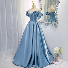 Blue Satin Prom Dress, Blue Sweet 16, Prom Dresses Off The Shoulder, Hot Prom Dress, Satin Prom Dresses, Long Blue Dress, Satin Evening Dresses, Blue Evening Dresses, Evening Dress Fashion